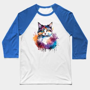 Digital Watercolor Colorful Cat Baseball T-Shirt